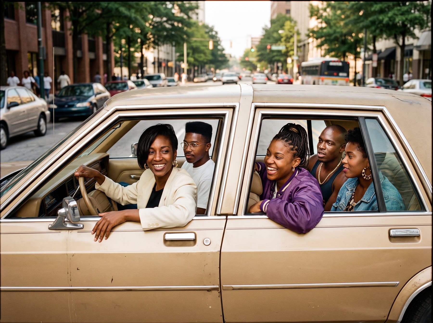 Five band members laughing inside a gold sedan on a tree-lined city street, the woman in the cream blazer at the wheel
