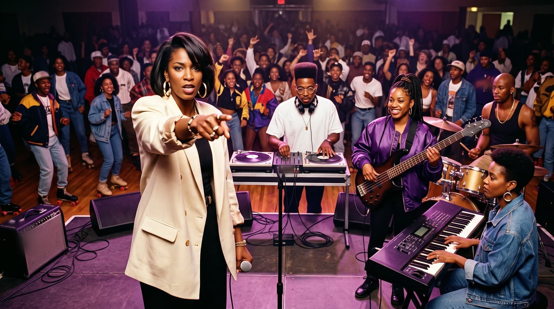 A woman in a cream blazer points from a stage at a packed roller-rink hall; a DJ, a bassist in a purple satin jacket, a drummer and a keyboard player play behind her