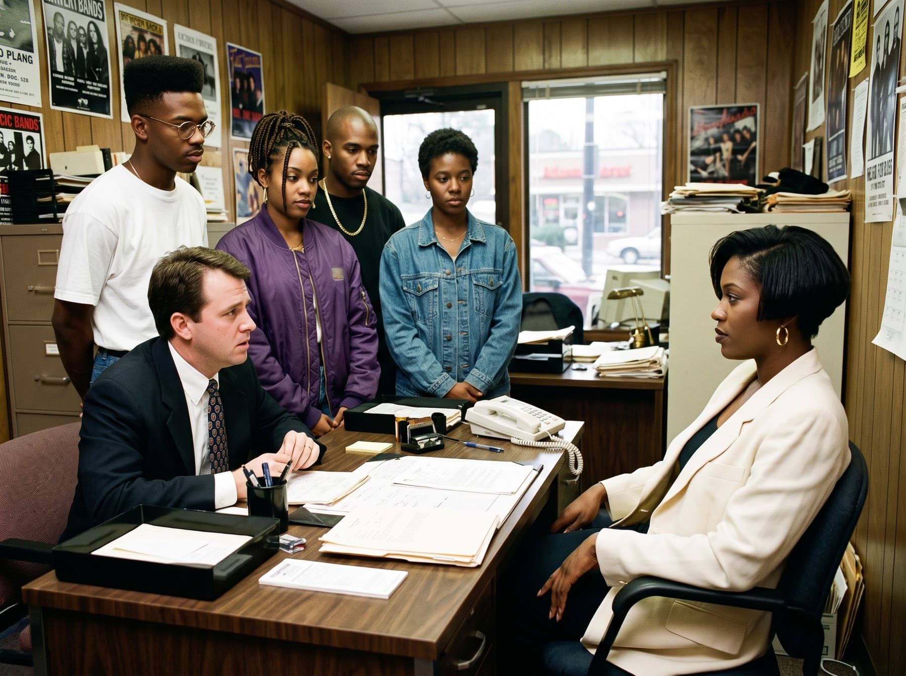 A man in a suit speaks across a cluttered office desk to a seated woman in a cream blazer while four band members stand behind him
