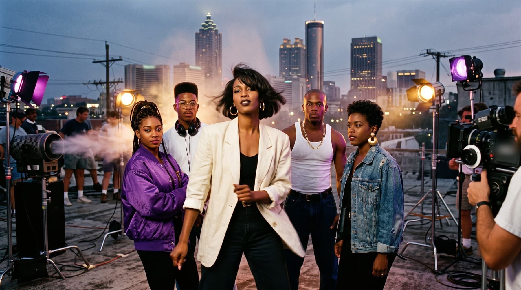 The band on a rooftop at dusk with film lights, a fog machine and a camera crew, the Atlanta skyline behind them