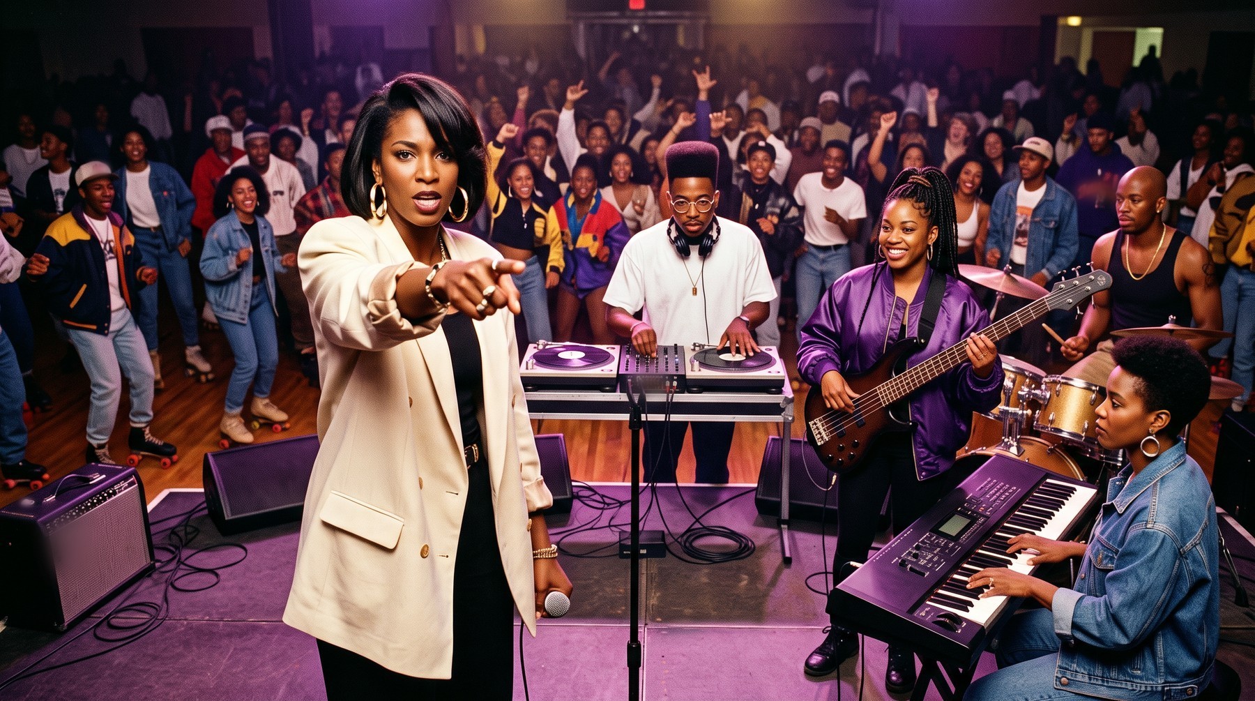 A woman in a cream blazer points from a stage at a packed roller-rink hall